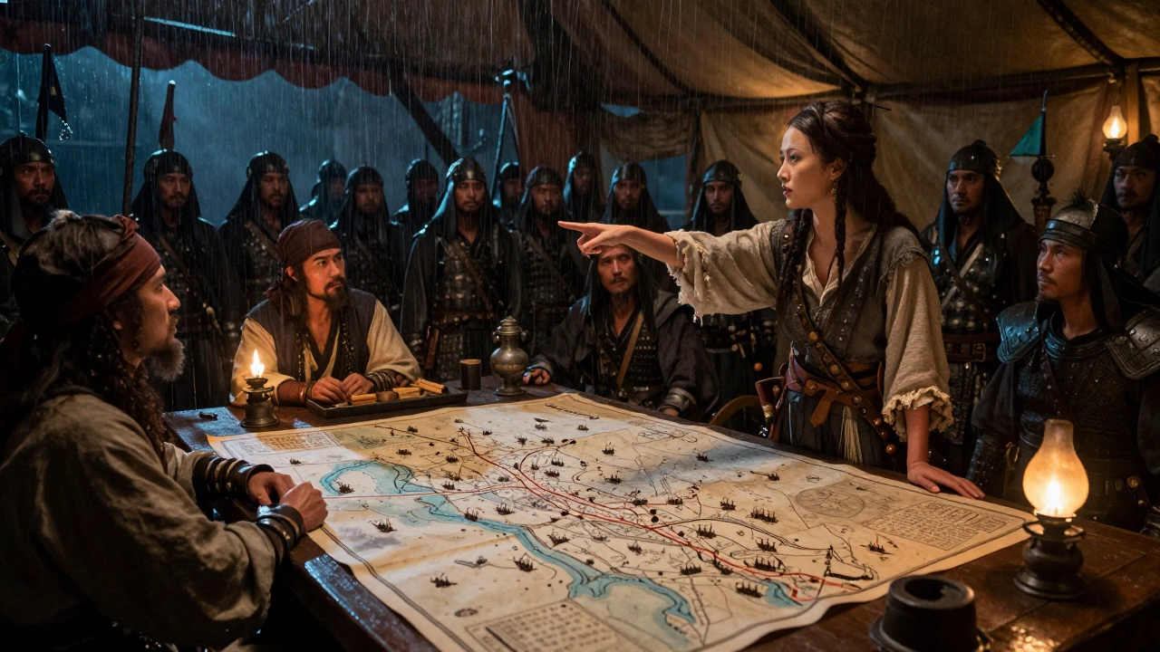 Ching Shih leading pirate captains in a lantern-lit tent, studying maps of the South China Sea.