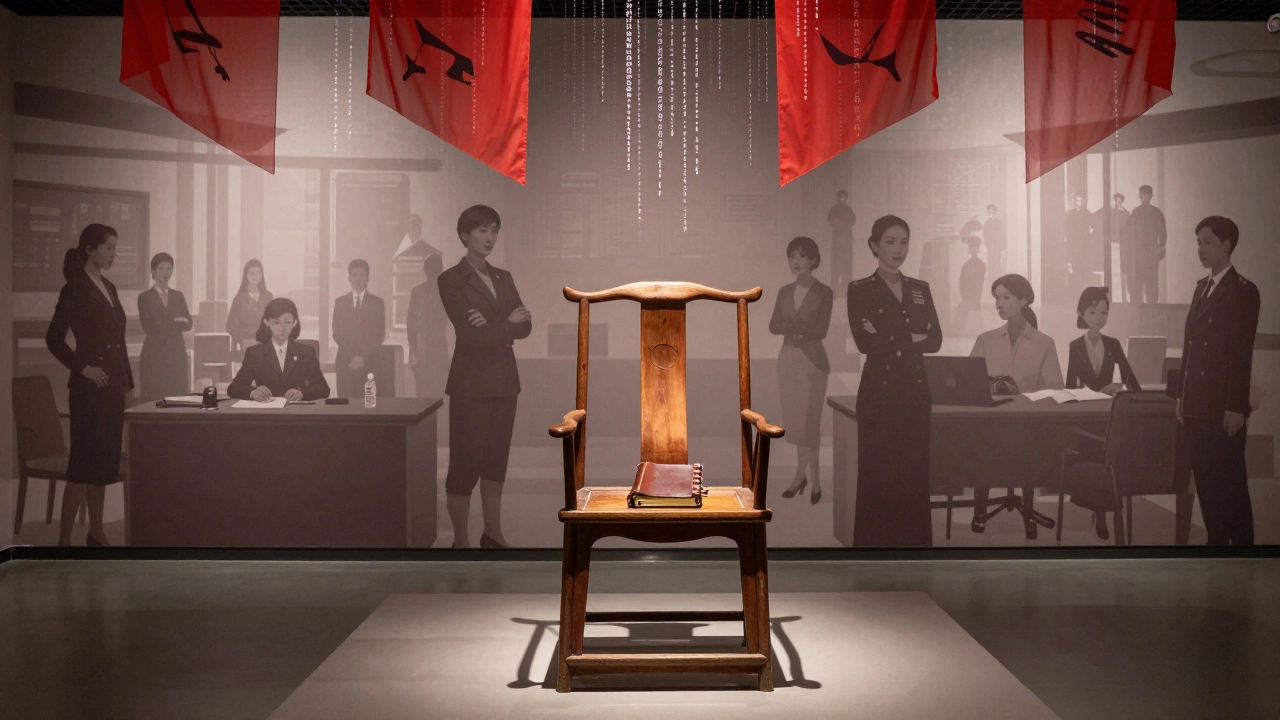 Ching Shih’s museum exhibit with her chair and ledger, surrounded by modern women leaders in silhouette.